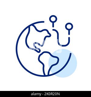 Percorso tra i pin di posizione sul globo terrestre. Icona della linea di tratto modificabile pixel Perfect Illustrazione Vettoriale
