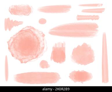 Set vettoriale di rosa Watercolor dipinto a mano forme tonde macchie cerchi blobs isolato su bianco. Illustrazione Vettoriale