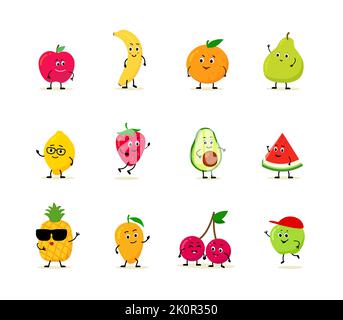 Grande set di frutta carattere. Banana, ciliegia, avocado, pera, arancia, mela, limone, ananas. Buon set di emoji cartoon. L'illustrazione del vettore del cartone animato piatto è Illustrazione Vettoriale