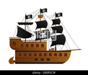 Cartone animato nave pirata. caravello in legno a vela sotto vele nere Illustrazione Vettoriale