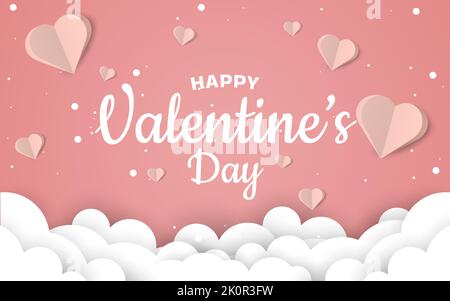 Una felice cartolina di San Valentino con cuori e nuvole su uno sfondo di colore rosa Illustrazione Vettoriale