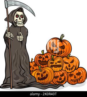 Illustrazione di cartoon del reaper grim divertente con scythe e mucchio di zucche di Halloween Illustrazione Vettoriale