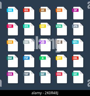 Formati file di sistema comuni. Tipi di documento ed estensioni. Collezione icone stile piatto. Pittogramma del documento, elemento dell'interfaccia utente del disegno Web, modello. Computer Illustrazione Vettoriale
