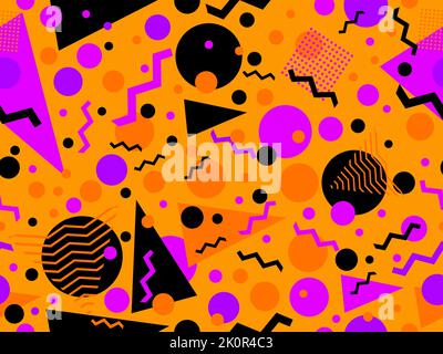 Motivo geometrico senza cuciture in stile memphis 80s. Colori Halloween, arancione e nero. Progettazione di prodotti promozionali, carta da imballaggio, brochure e pr Illustrazione Vettoriale