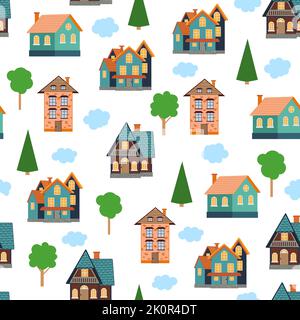 Modello senza cuciture di diverse case colorate. Modello senza cuciture bambini con elemento da colorare doodle casa. Modello casa, belle case colorate, divertente chil Illustrazione Vettoriale