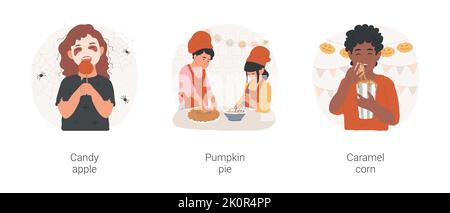 Halloween dolci isolato cartone animato vettore illustrazione set. Ragazza con trucco di Halloween spooky mangiare mela caramella, capretto in costume dello chef preparare torta di zucca, ragazzo godendo cartoni animati vettoriali di mais caramello. Illustrazione Vettoriale