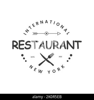 Design del ristorante con logo retro vintage. Logotipi. Elementi di progettazione vettoriale, insegne aziendali, loghi, identità, etichette, badge e oggetti Illustrazione Vettoriale