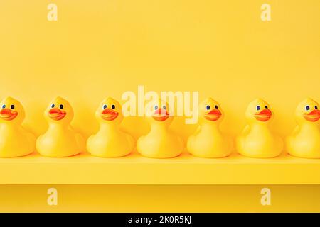 Anatra di gomma gialla in una linea giocattolo design giallo concept team di lavoro insieme. Caucciù di fondo del giocattolo del bagno anatre gialle in una fila. Anatra di gomma Foto Stock