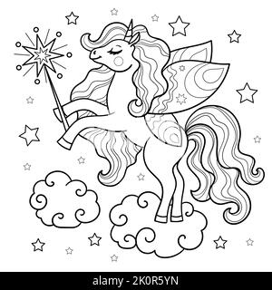 Simpatico unicorno con una bacchetta magica su una nuvola. Disegno lineare in bianco e nero. Per la progettazione di stampe di quadri, poster, adesivi, biglietti, t-shi Illustrazione Vettoriale