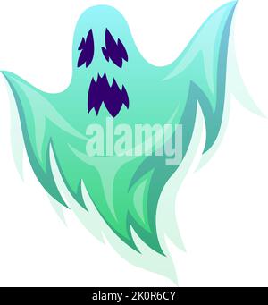 Carattere fantasma. Elemento di decorazione dei cartoni animati di Halloween, mostro spettrale spaventoso, spokes poltergeist verde volante con gli occhi e la bocca malvagi, volto diavolo Illustrazione Vettoriale