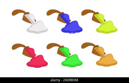 Set di cucchiai con spezie indiane di diversi colori. Ingredienti per alimenti ed erbe piante in sacchetti icone. Polvere di cartone animato in cucchiai isolato su bianco Illustrazione Vettoriale