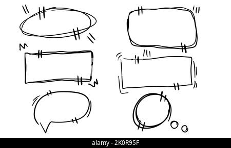 Caselle per citazioni e frasi in stile doodle. Una raccolta di messaggi e finestre di dialogo disegnate a mano. Feedback cartoon e comunicazione in stile linea. Spec Illustrazione Vettoriale