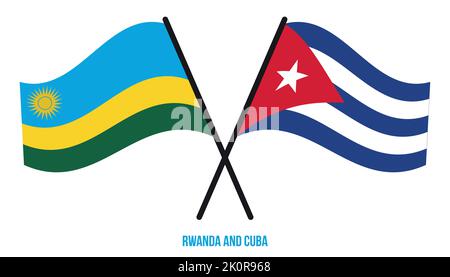Bandiere del Ruanda e di Cuba attraversate ed ondeggianti stile piatto. Proporzione ufficiale. Colori corretti. Illustrazione Vettoriale