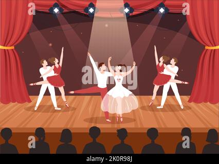 Ballet Template mano disegnata Cartoon Flat Illustrazione Coppia Ballerina Dancing indossando costumi Tutu su Stage Design Illustrazione Vettoriale