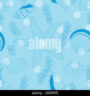 Le conchiglie disegnate a mano su sfondo blu Illustrazione Vettoriale