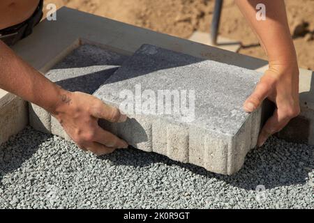 artigiano depone le pietre di pavimentazione in strati. Posa di lastre di cemento grigio nel cortile della casa su fondamenta sabbiose. Foto Stock