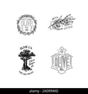 Set di olio d'oliva e logo del ramo di alberi. Prodotto vegetariano biologico in bottiglia. Adesivo patch per emblema verde per piante. Inciso a mano disegnato in vecchio Illustrazione Vettoriale