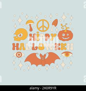 Motivo con elementi retrò di Halloween in stile anni '70s. Illustrazione Vettoriale