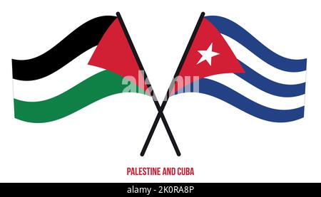 Bandiere di Palestina e Cuba attraversate e ondeggianti stile piatto. Proporzione ufficiale. Colori corretti. Illustrazione Vettoriale