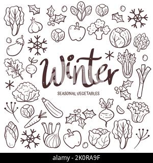 Verdure di stagione sfondo. Composizione di verdure invernali disegnate a mano composta da icone vettoriali di doodle, isolate su sfondo bianco. Illustrazione Vettoriale