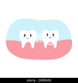 Due simpatici personaggi sorridenti e sani in stile cartoon flat. Illustrazione vettoriale del concetto di salute dentale, igiene orale Illustrazione Vettoriale