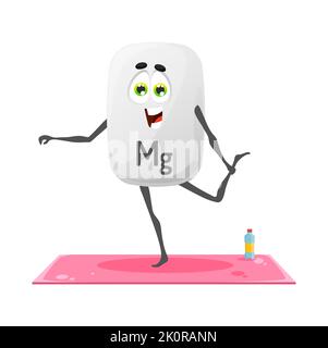 Cartoon magnesio minerale carattere su yoga classe. Mg personage fitness ricreazione. Capsula micronutriente Happy Vector isolata in posa asana su una gamba. Completare gli esercizi sportivi Illustrazione Vettoriale