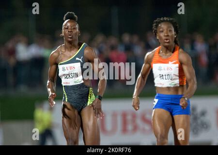 Stadio Bellinzona, Bellinzona, Svizzera, 12 settembre 2022, JACKSON Shericka (Jam) e TA LOU Marie-Josee (Civ), 100m donne durante il Gala dei CAS Foto Stock