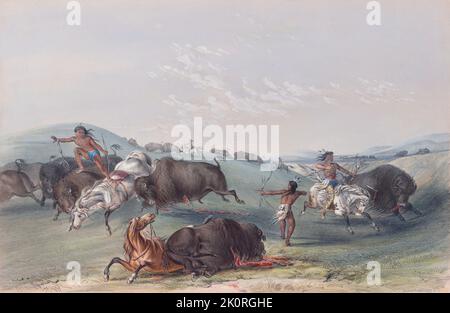 Gli indiani pianure a cavallo e a piedi cacciano i bufali con archi e frecce. Bisonte americano, bisonte B. Dal North American Indian Portfolio di Catlin, pubblicato a Londra nel 1844 dall'artista, avventuriero americano George Catlin, 1796 - 1872. Durante molti viaggi Catlin registrò con penna e pennello i costumi e gli stili di vita delle tribù dei nativi americani. Foto Stock