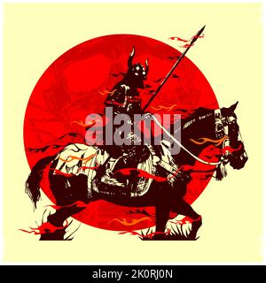 guerriero samurai personaggio giapponese equitazione cavallo vettore illustrazione Foto Stock