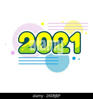 Anno nuovo 2021. Felice anno nuovo vettore 2021. Numero 2021 nel concetto moderno. 2021 testo. Numero 2021 colorato. Il vettore di disegno anno 2021 in bianco Ba Foto Stock