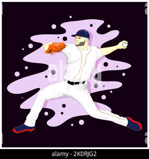 Il lanciatore di baseball lancia la palla in un movimento. Giocatore di baseball in design piatto su sfondo verde. Illustrazione vettoriale Foto Stock