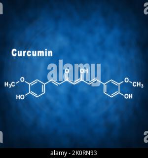 Curcumina curcuma spezia, formula chimica strutturale su sfondo blu Foto Stock