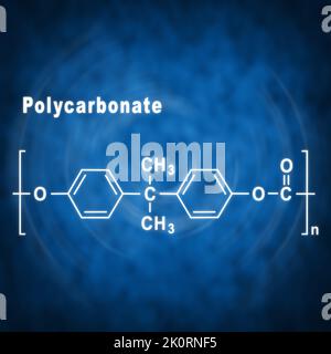 Policarbonato PC Lexan, formula chimica strutturale su sfondo blu Foto Stock
