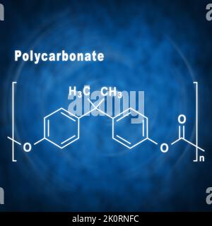 Policarbonato PC, formula chimica strutturale su sfondo blu Foto Stock