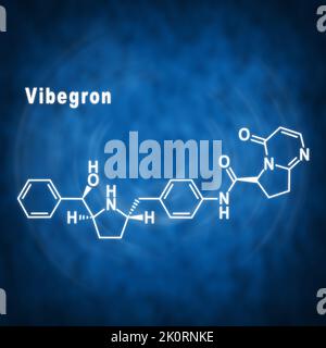 Farmaco Vibegron, formula chimica strutturale su sfondo blu Foto Stock