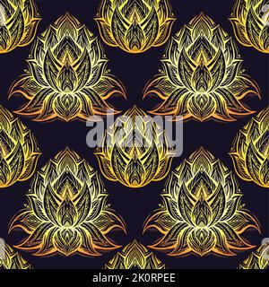 Vector lussuoso modello senza cuciture con contorno dorato lotteri tribali su sfondo viola. Ricca texture floreale mistica. Carta da parati sacra e lussuosa Illustrazione Vettoriale