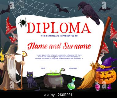 Diploma di ragazzi. Stregone di Halloween, zucca, ciottoli e personaggi di festa. Vincitore del concorso per bambini, diploma di vettore o premio di educazione con malvagi stregoni, cauldron, scopa delle streghe, corvo e gatto nero Illustrazione Vettoriale