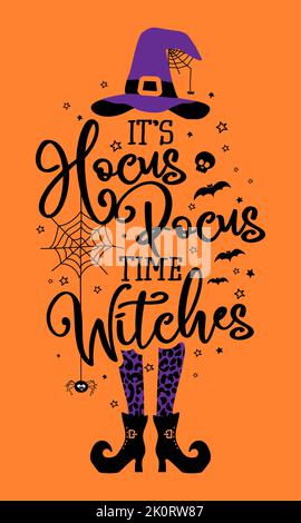 E 'Hocus-Pocus tempo Witches - citazione di Halloween su sfondo nero. Ideale per t-shirt, tazza, prenotazione scarti, regalo, stampa. Preventivi per le vacanze. Illustrazione Vettoriale