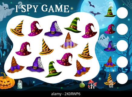 Gioco di spionaggio. Cappelli di strega di Halloween. Gioco di calcolo per bambini, quiz o foglio di lavoro vettoriale indovinello con stregone, mago o mago, cappelli costume di Halloween strega, fantasmi cimitero, lanterna di zucca e luna piena Illustrazione Vettoriale