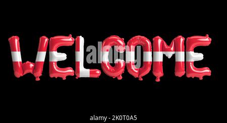 3D illustrazione dei palloncini di benvenuto in Danimarca bandiera isolata su sfondo nero Foto Stock