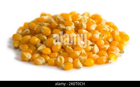 Piile di semi di popcorn piccolo tagliato fuori su bianco. Foto Stock