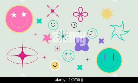 Adesivi retrò alla moda con volti sorridenti, cartoni fumetti. Stile Y2K. Illustrazione Vettoriale