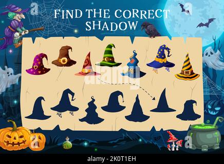 Trova un'ombra corretta del cappello della strega di Halloween. Shadow match riddle o bambini matching quiz vettore foglio di lavoro con stregone o mago cappelli, strega su scopa e Halloween zucca lanterna, fantasmi cimitero Illustrazione Vettoriale