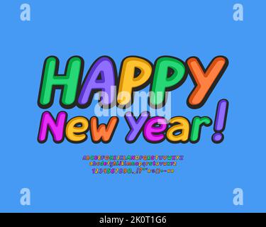 Biglietto d'auguri Felice anno nuovo con testo decorativo multicolore su sfondo blu. Set di font vettoriali in inglese Illustrazione Vettoriale