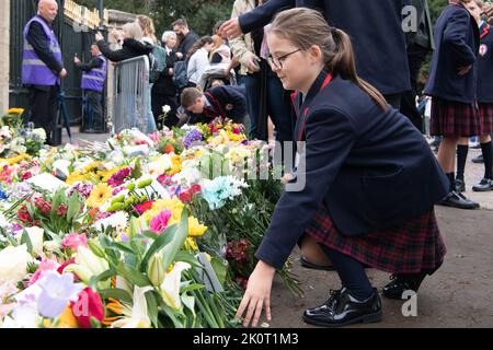 Windsor, Berkshire, Regno Unito. 13th Settembre 2022. I bambini di scuola anni 7 e 8 alla St George's School Windsor Castle vennero a porre tributi floreali in memoria della defunto Regina Elisabetta II oggi fuori dalle porte del Castello di Windsor sulla Long Walk. Credit: Maureen McLean/Alamy Live News Foto Stock