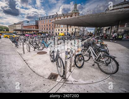 Parcheggio per biciclette nel centro di Copenhagen, Danimarca Foto Stock