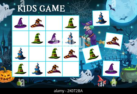 Halloween gioco sudoku. Cappelli strega, paesaggio cimitero e castello. Kids sudoku gioco o puzzle vettore foglio di lavoro con stregone o cappello mago, Halloween Jack o lanterna, fantasmi cimitero e pozione magica Illustrazione Vettoriale