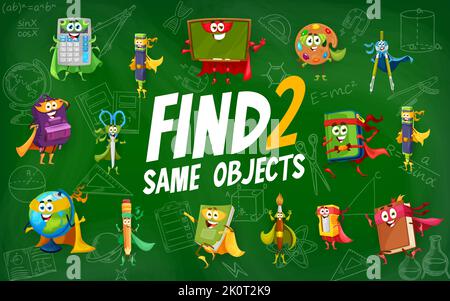 Trova due personaggi dello stesso supereroe della scuola di cartoon. Stessa immagine trova il foglio di lavoro del gioco vettoriale con calcolatrice, marcatore, lavagna e bussola, zaino, forbici fornisce personaggi divertenti Illustrazione Vettoriale