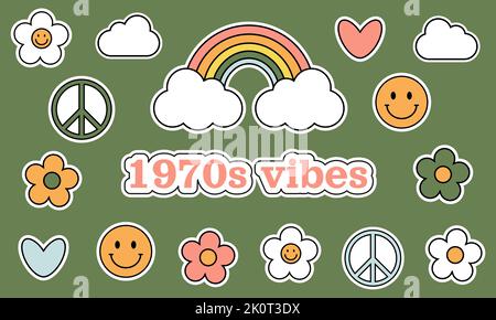 1970 set di adesivi groovy trippy. Margherite, cuori, arcobaleno, sorrisi, simboli di pace, nuvole su sfondo verde. 70s elementi vibes, adesivi cartoni animati. GRO Illustrazione Vettoriale