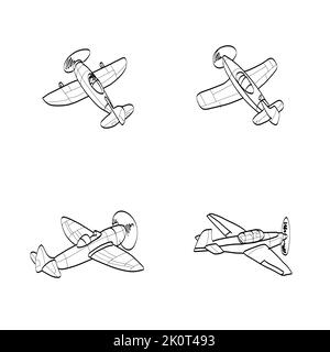 Set di aeroplani disegnati a mano. I contorni del velivolo in stile Doodle su sfondo bianco. Illustrazione Vettoriale